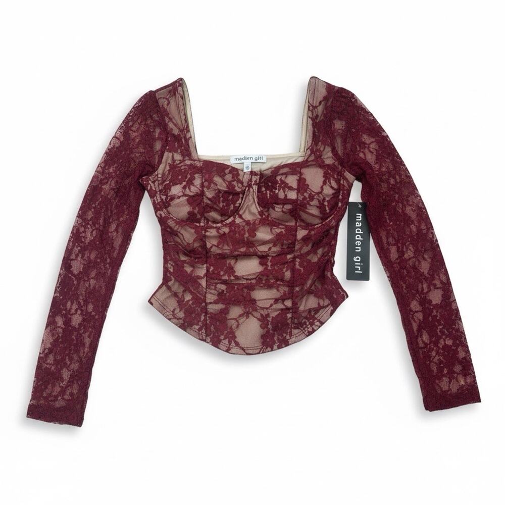 Madden Girl Womens M Burgundy Lace Corset Top Long Sleeve Sheer New With Tags
